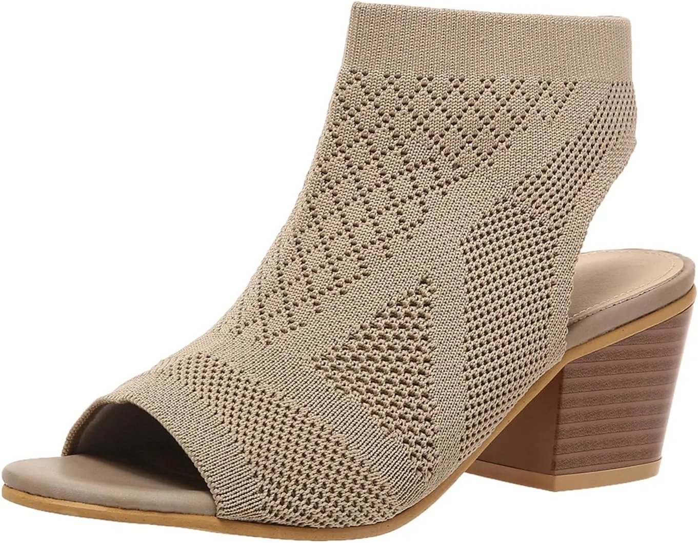 Knit Peep Toe Booties for Women Fashion Chunky Block Heel Cutout Sandals Slingback Mesh Breathable Dress Heeled Shoes