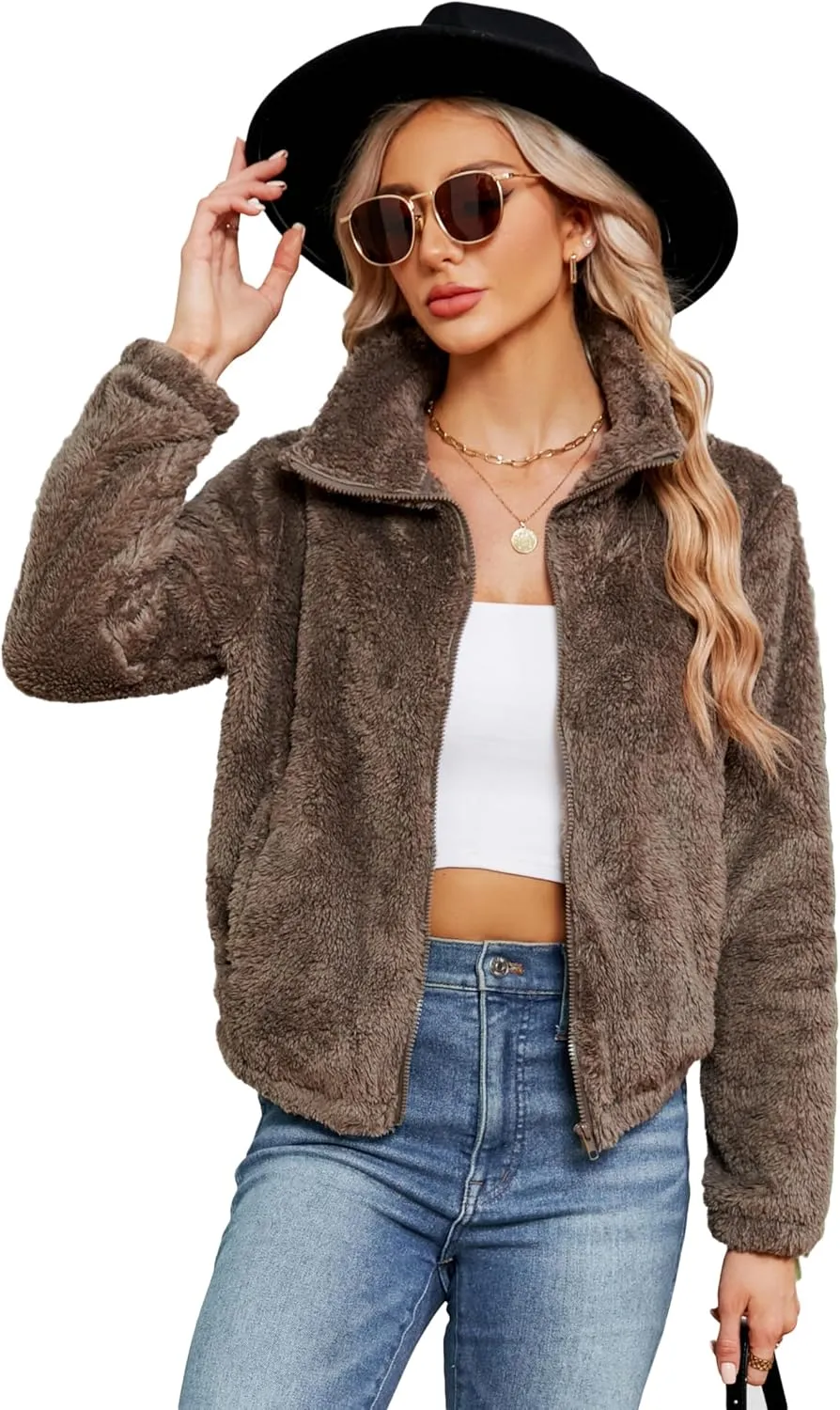 KOJOOIN Women's Winter Fleece Jackets Sherpa Teedy Zip-up Jackets Coat Faux Fur Long Sleeve Shaggy Jacket with Pockets