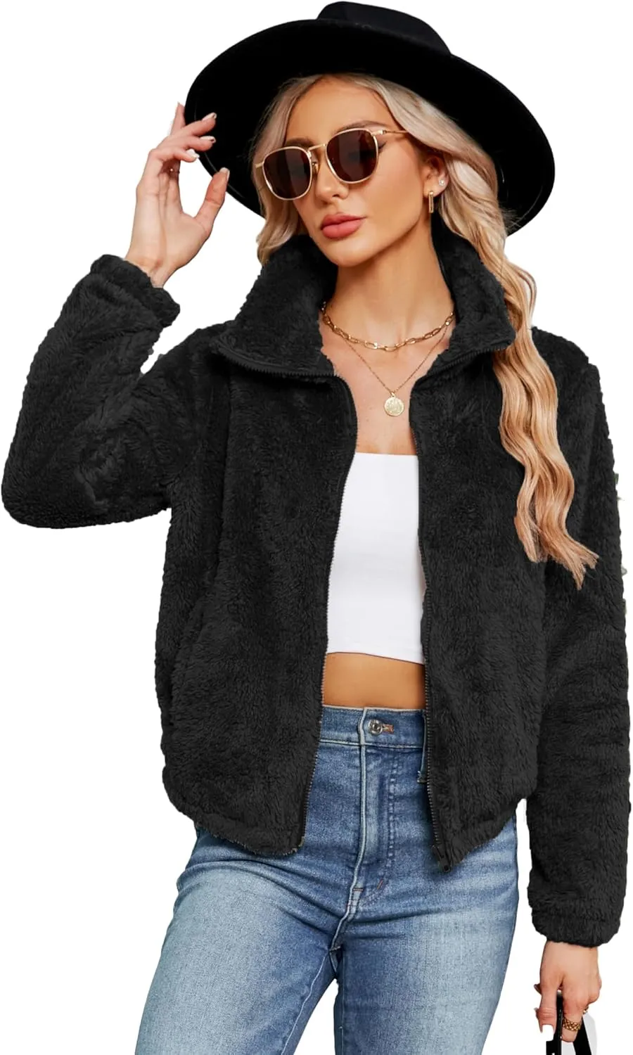 KOJOOIN Women's Winter Fleece Jackets Sherpa Teedy Zip-up Jackets Coat Faux Fur Long Sleeve Shaggy Jacket with Pockets
