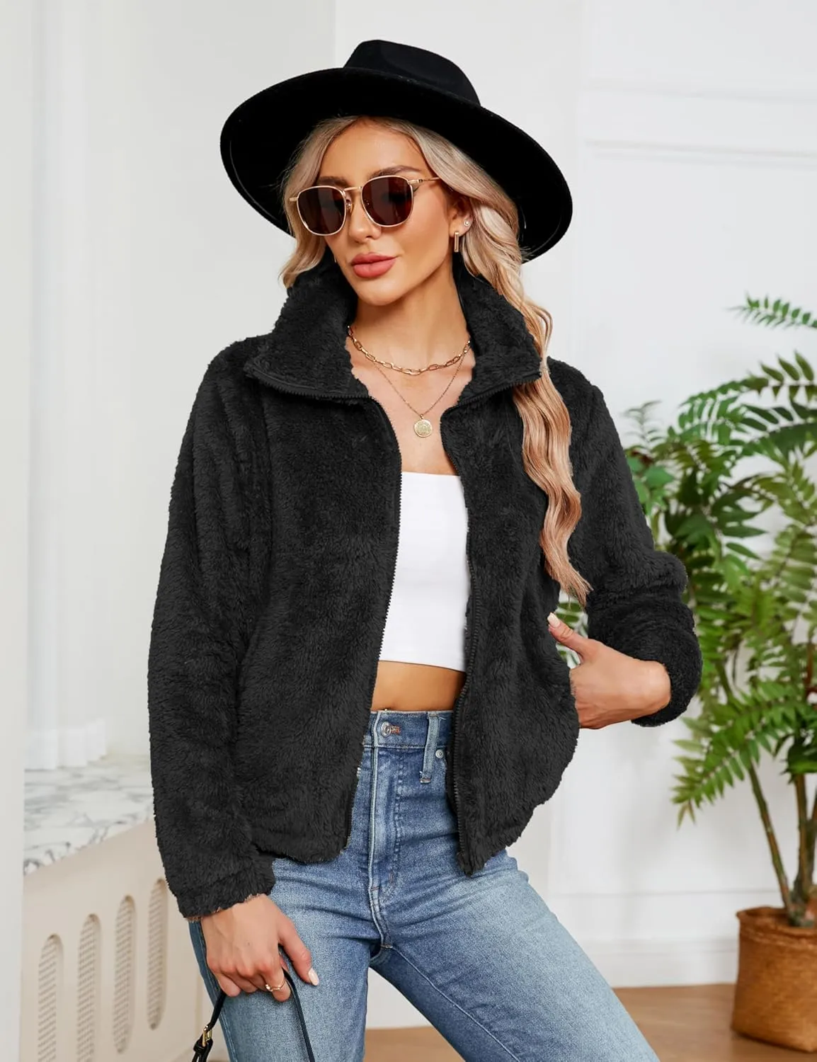 KOJOOIN Women's Winter Fleece Jackets Sherpa Teedy Zip-up Jackets Coat Faux Fur Long Sleeve Shaggy Jacket with Pockets