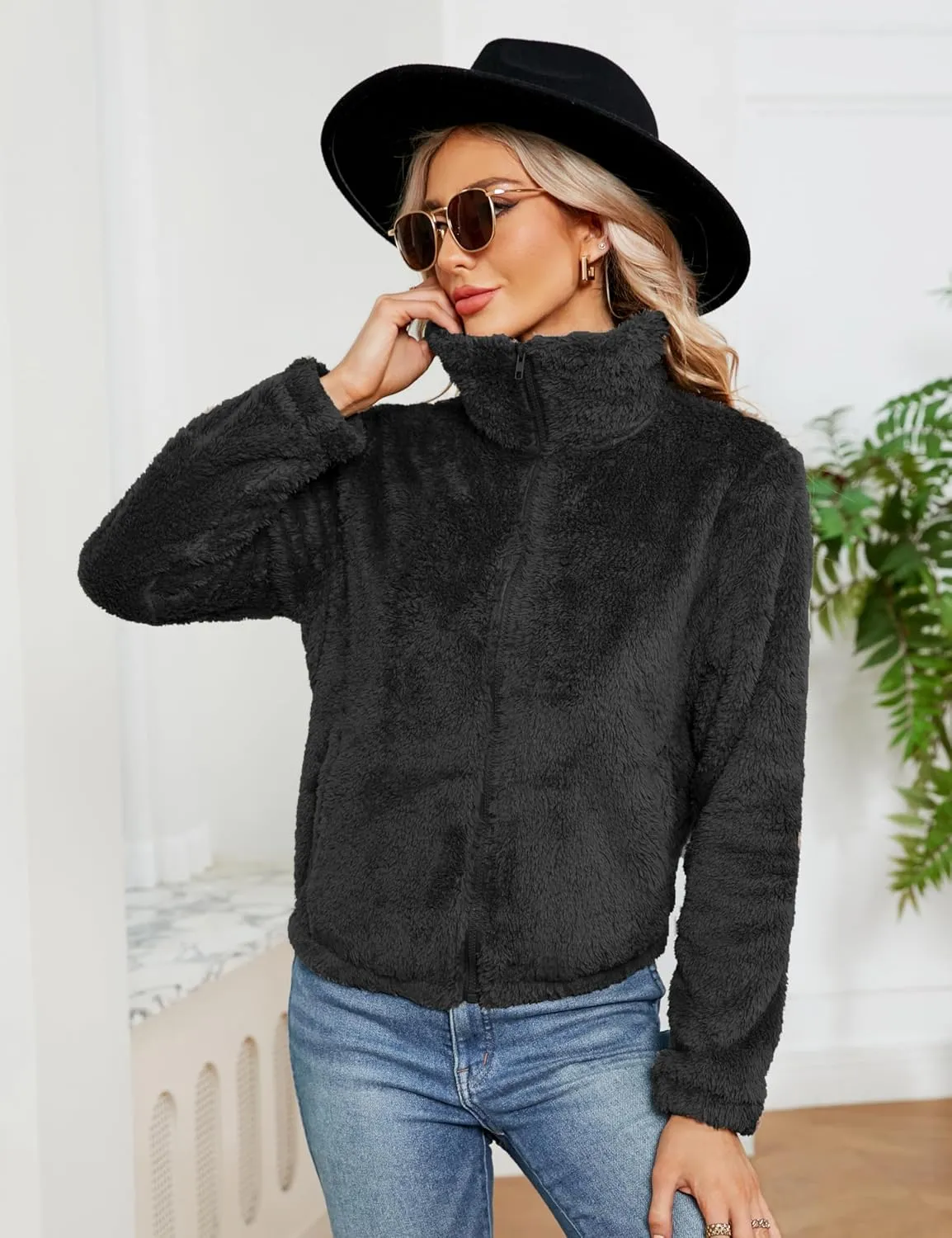 KOJOOIN Women's Winter Fleece Jackets Sherpa Teedy Zip-up Jackets Coat Faux Fur Long Sleeve Shaggy Jacket with Pockets