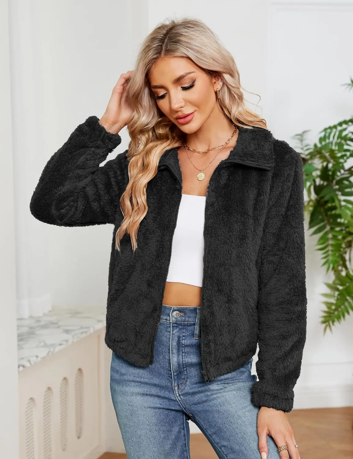 KOJOOIN Women's Winter Fleece Jackets Sherpa Teedy Zip-up Jackets Coat Faux Fur Long Sleeve Shaggy Jacket with Pockets