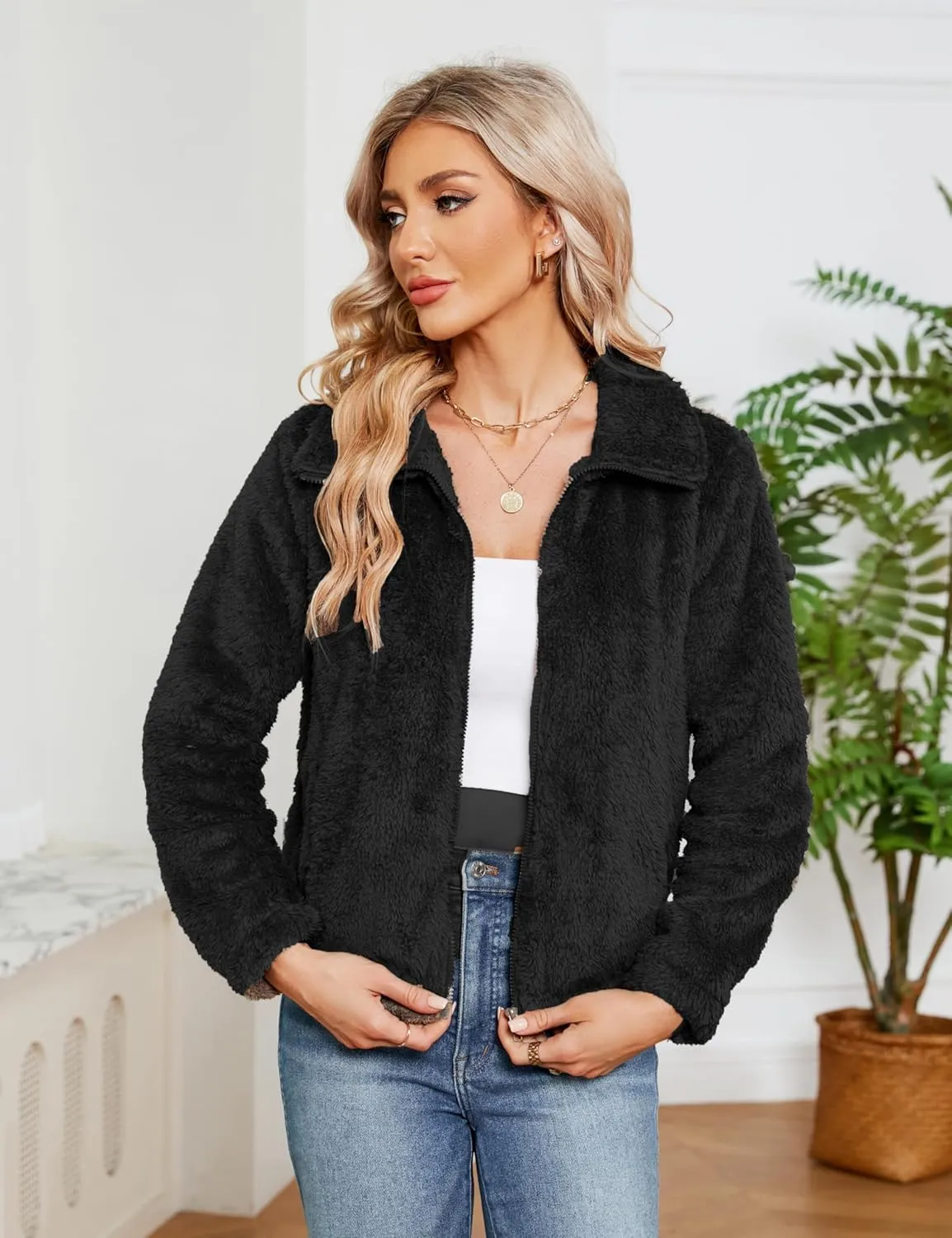 KOJOOIN Women's Winter Fleece Jackets Sherpa Teedy Zip-up Jackets Coat Faux Fur Long Sleeve Shaggy Jacket with Pockets