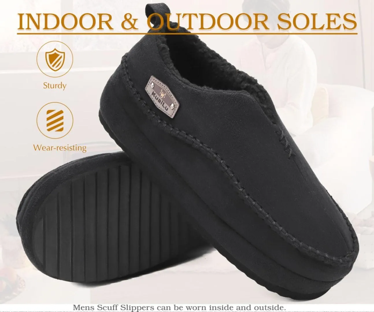 KuaiLu Men's Slippers Cozy Memory Foam House Slipper Shoes Warm Suede Winter Moccasins Slip-on Boots Slippers For Man with Fuzzy Sherpa Lining & Indoor/Outdoor Hard Rubber Sole