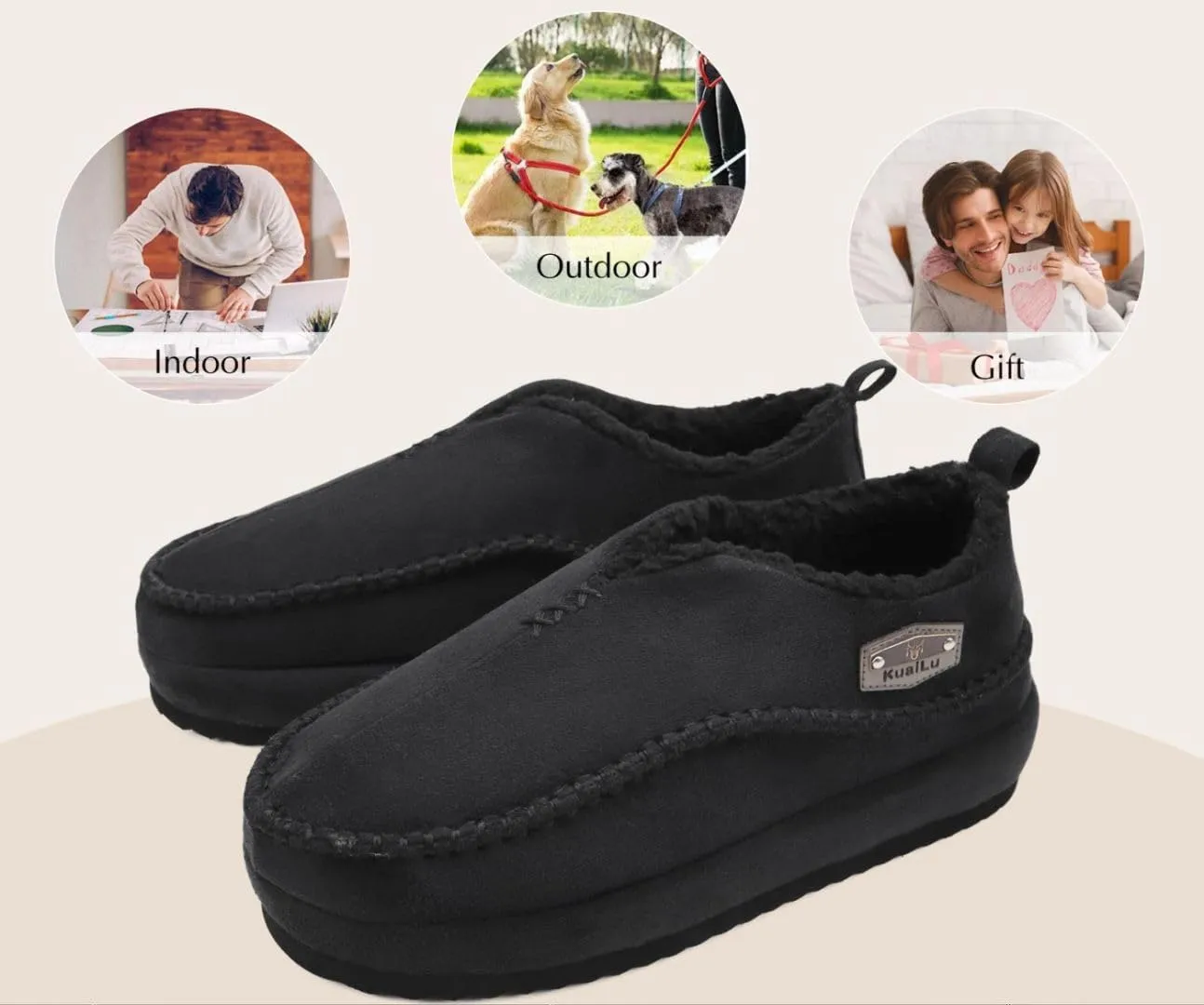 KuaiLu Men's Slippers Cozy Memory Foam House Slipper Shoes Warm Suede Winter Moccasins Slip-on Boots Slippers For Man with Fuzzy Sherpa Lining & Indoor/Outdoor Hard Rubber Sole