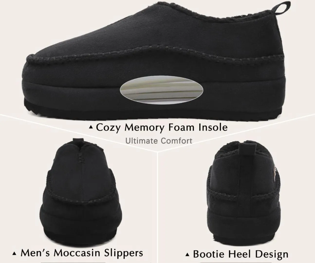 KuaiLu Men's Slippers Cozy Memory Foam House Slipper Shoes Warm Suede Winter Moccasins Slip-on Boots Slippers For Man with Fuzzy Sherpa Lining & Indoor/Outdoor Hard Rubber Sole