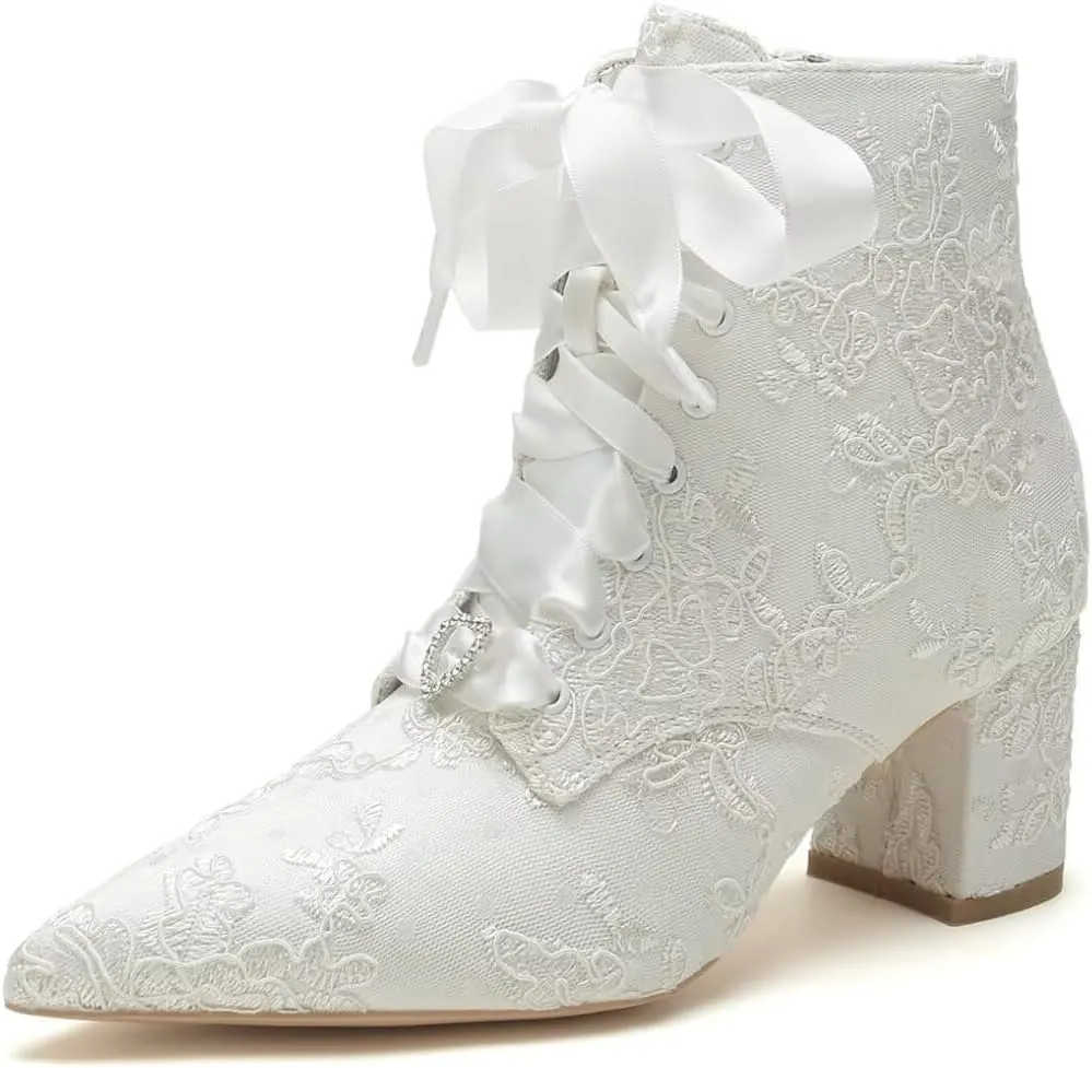 Lace Wedding Boots for Bride Block Heel Wedding Shoes Ankle Boots