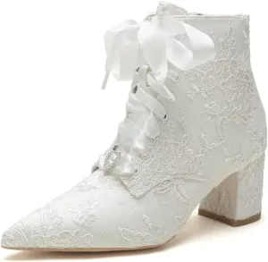 Lace Wedding Boots for Bride Block Heel Wedding Shoes Ankle Boots