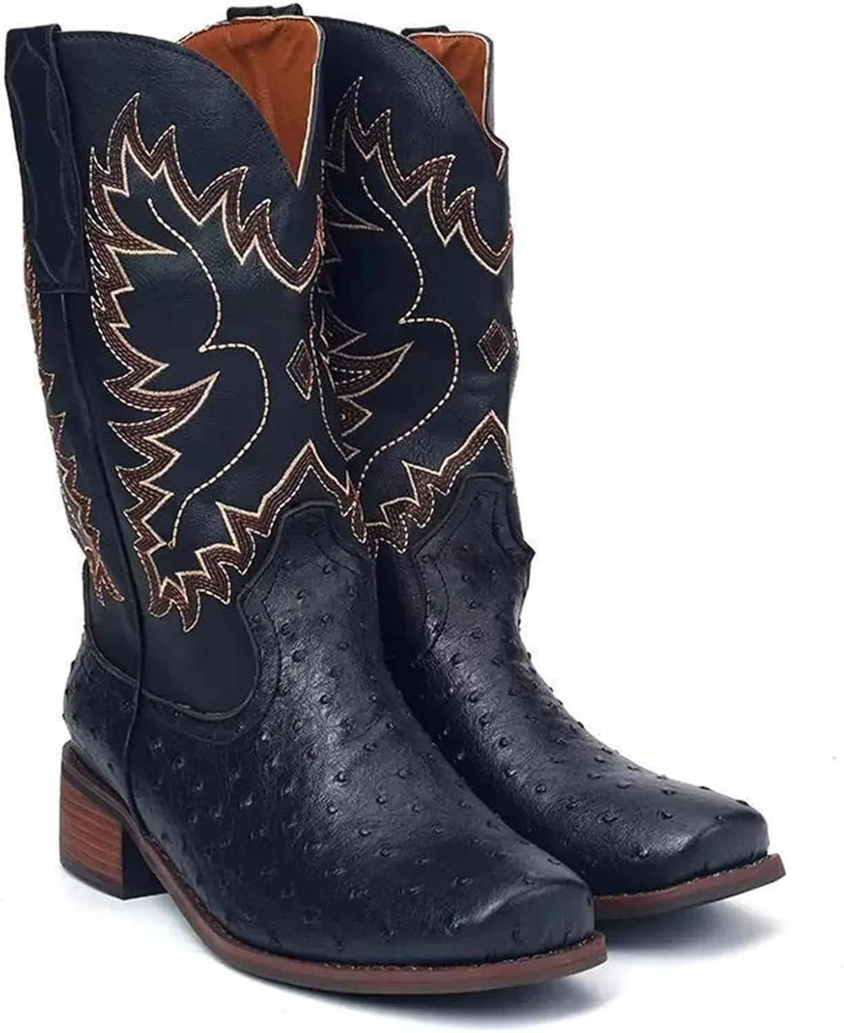 Ladmiple Cowboy Boots For Women Mid Calf Wide Width Wide Calf Mid Heel Retro Fashion Embroidery Knee High Cowgirl Boots
