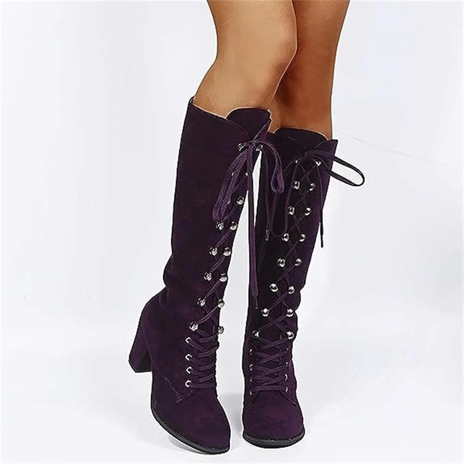 Ladmiple Fall Boots Women Knee High Wide Calf Western Cowboy Boots Fashion Chunky Heel Lace Up Cowgirl Dress Shoes 2024