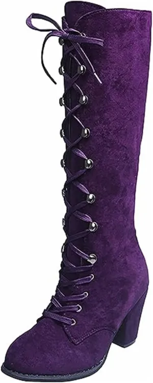 Ladmiple Fall Boots Women Knee High Wide Calf Western Cowboy Boots Fashion Chunky Heel Lace Up Cowgirl Dress Shoes 2024