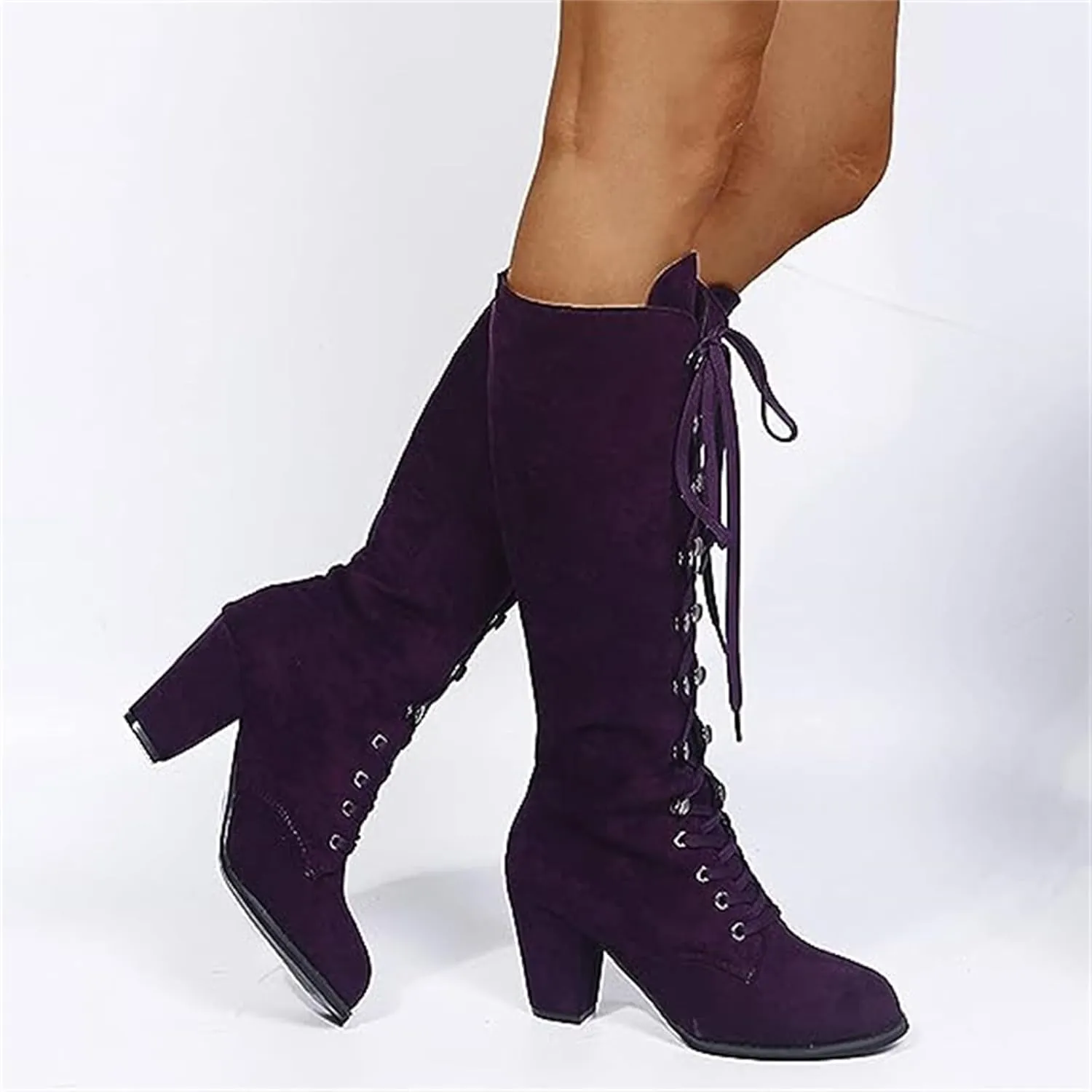 Ladmiple Fall Boots Women Knee High Wide Calf Western Cowboy Boots Fashion Chunky Heel Lace Up Cowgirl Dress Shoes 2024