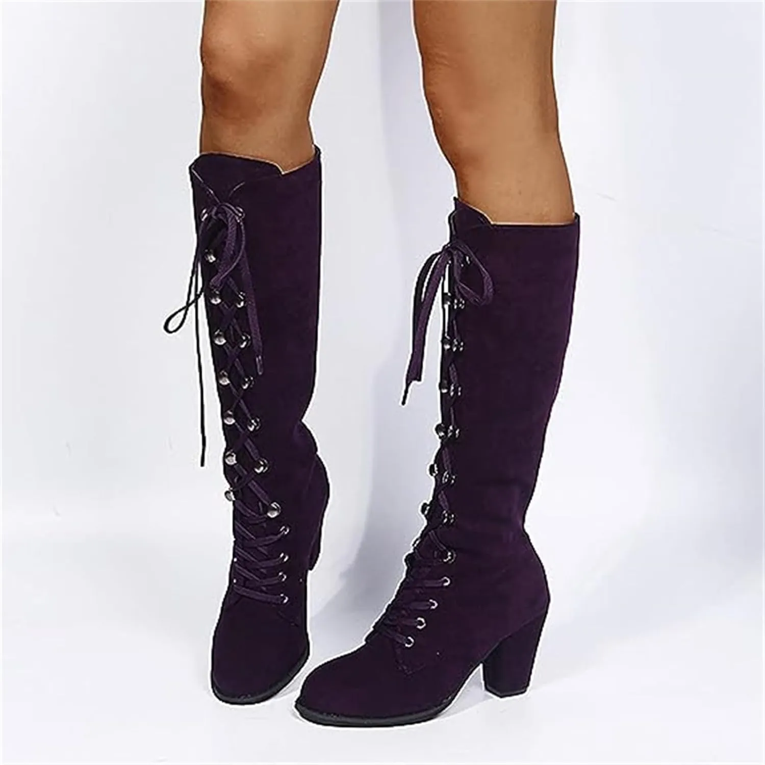 Ladmiple Fall Boots Women Knee High Wide Calf Western Cowboy Boots Fashion Chunky Heel Lace Up Cowgirl Dress Shoes 2024