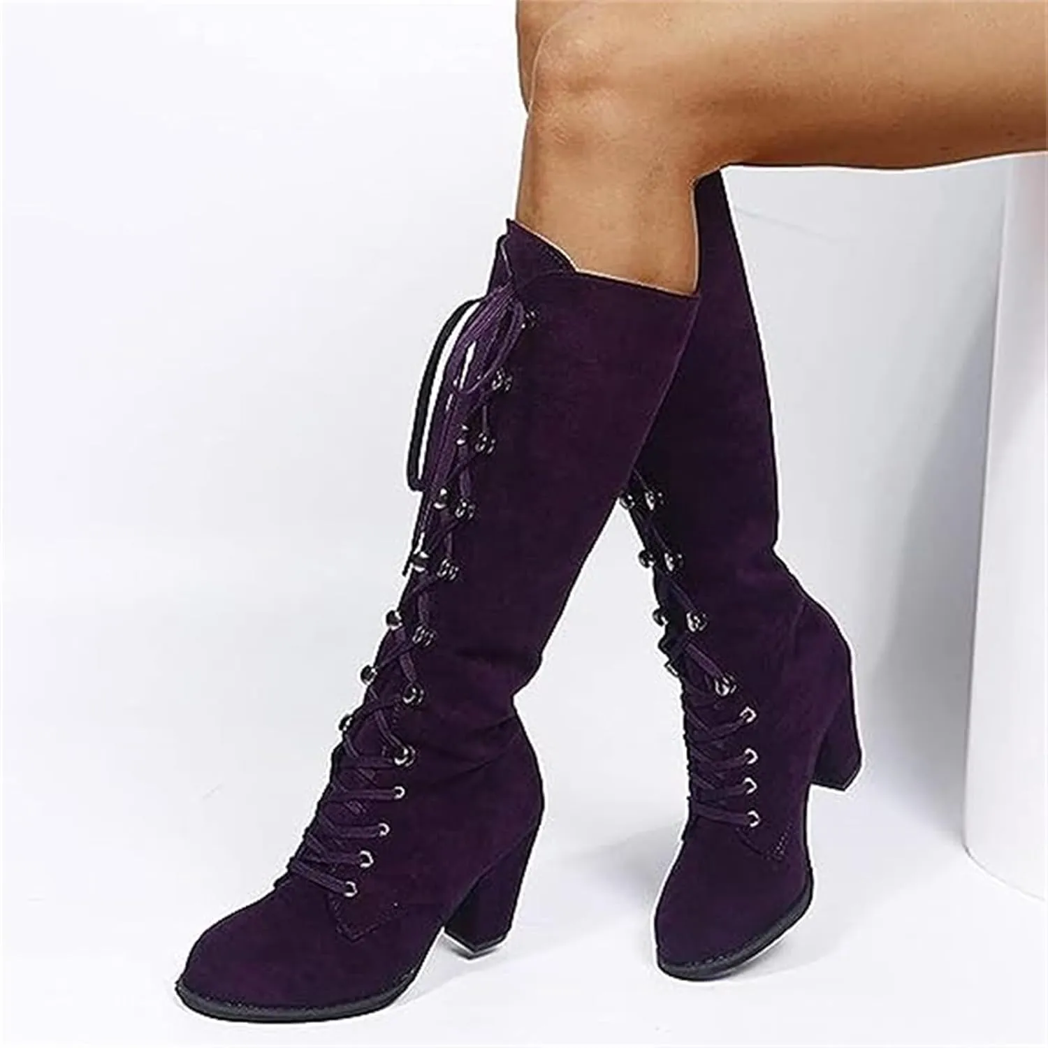 Ladmiple Fall Boots Women Knee High Wide Calf Western Cowboy Boots Fashion Chunky Heel Lace Up Cowgirl Dress Shoes 2024