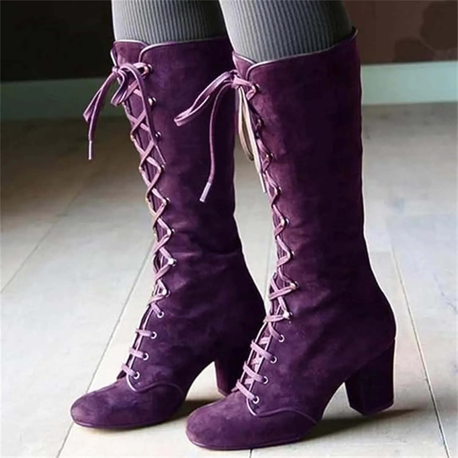 Ladmiple Fall Boots Women Knee High Wide Calf Western Cowboy Boots Fashion Chunky Heel Lace Up Cowgirl Dress Shoes 2024