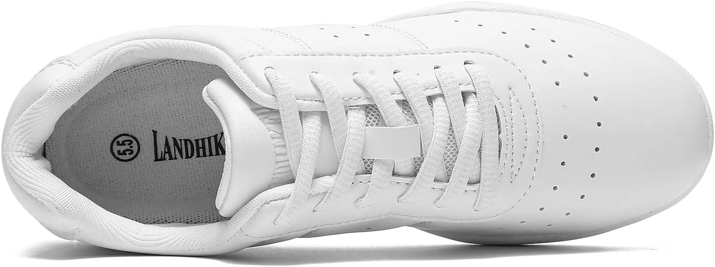 LANDHIKER Womens White Girls Cheer Shoes Cheerleading Shoes Youth Sports Training Athletic Flats Lightweight Breathable Comfortable Fabric Kids Cheer Sneakers Size