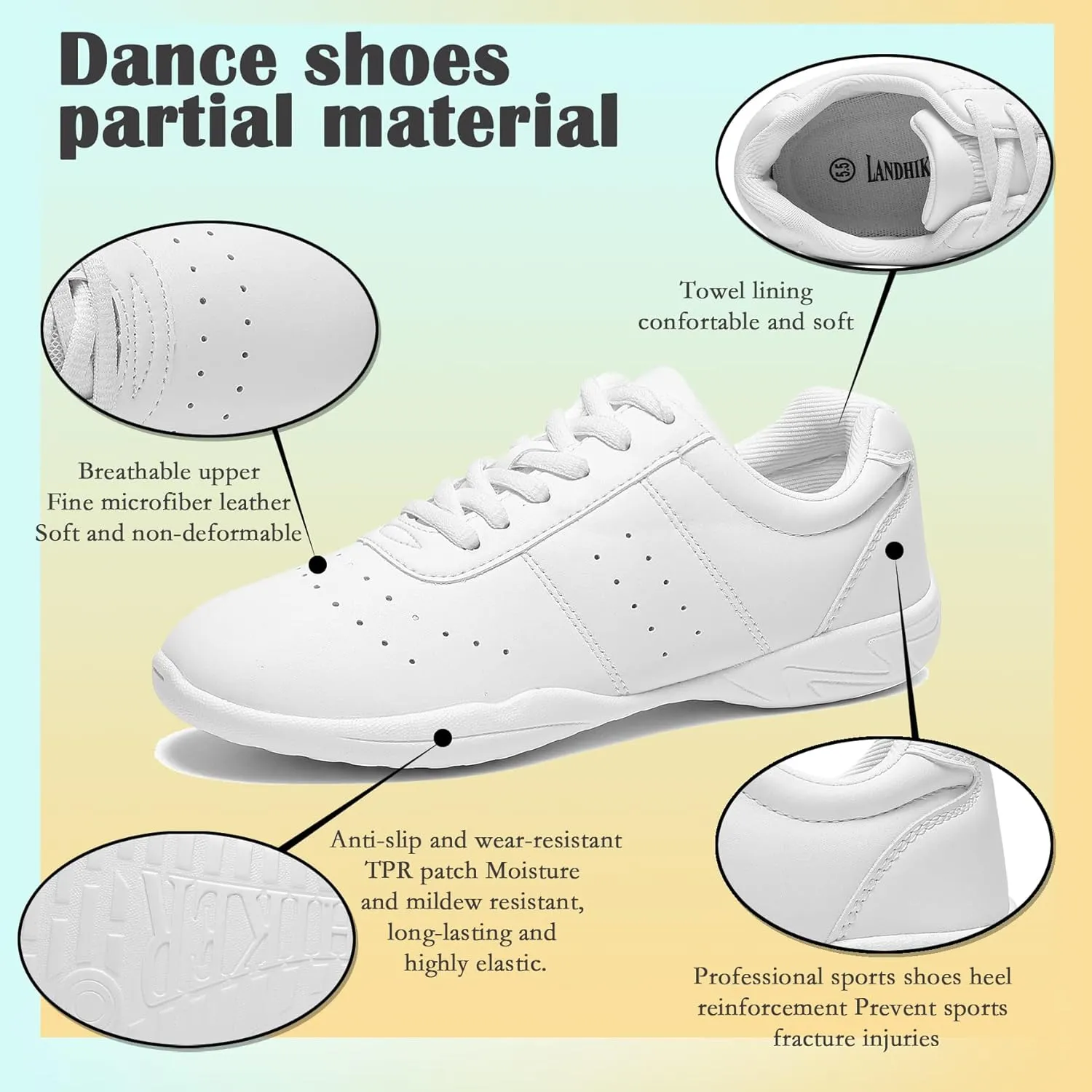 LANDHIKER Womens White Girls Cheer Shoes Cheerleading Shoes Youth Sports Training Athletic Flats Lightweight Breathable Comfortable Fabric Kids Cheer Sneakers Size