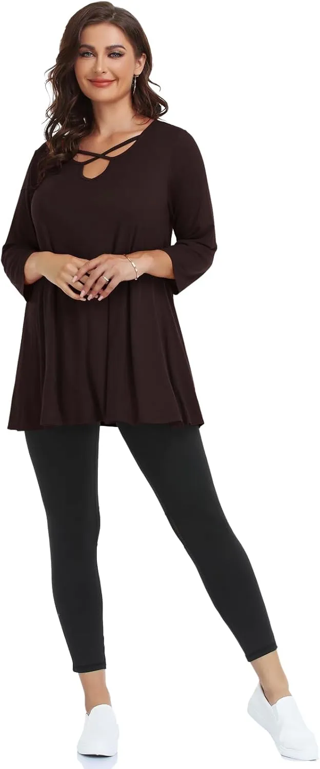 LARACE Plus Size Tops for Women V Neck 3/4 Sleeve Tunic Criss Cross Dress Shirts Casual Fall Blouse for Leggings