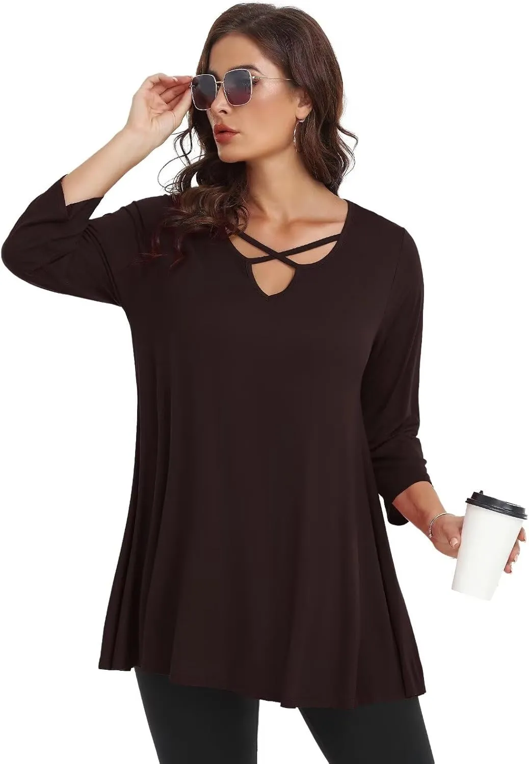 LARACE Plus Size Tops for Women V Neck 3/4 Sleeve Tunic Criss Cross Dress Shirts Casual Fall Blouse for Leggings