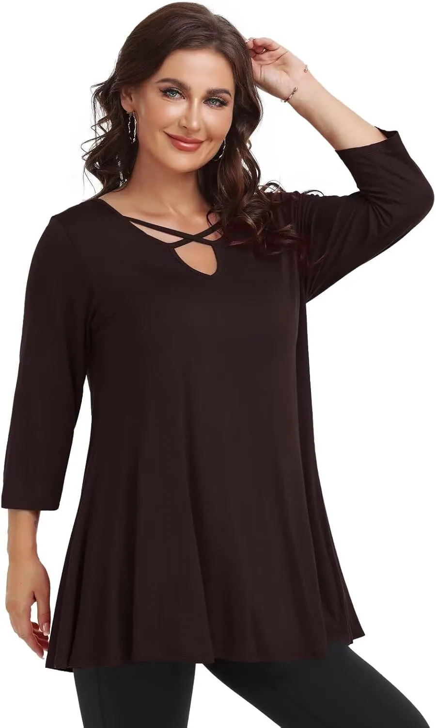 LARACE Plus Size Tops for Women V Neck 3/4 Sleeve Tunic Criss Cross Dress Shirts Casual Fall Blouse for Leggings