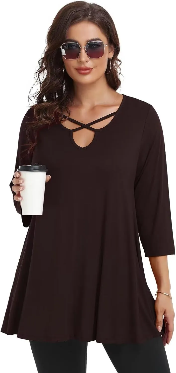 LARACE Plus Size Tops for Women V Neck 3/4 Sleeve Tunic Criss Cross Dress Shirts Casual Fall Blouse for Leggings