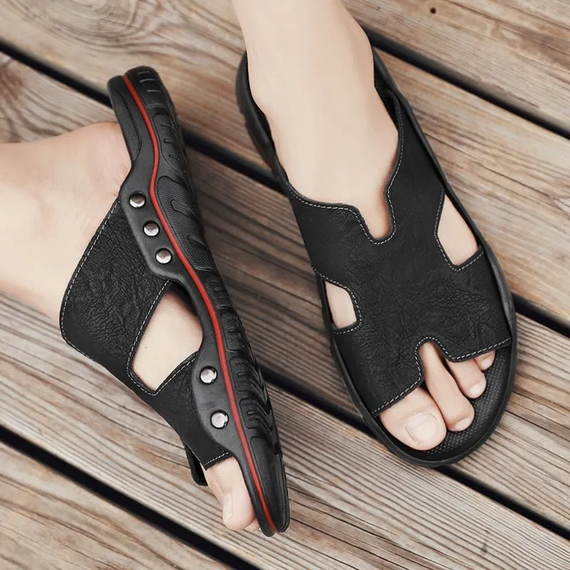 Large-sized men's cowhide slippers with soft soles and exposed toes, breathable, casual and fashionable sandals