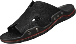 Large-sized men's cowhide slippers with soft soles and exposed toes, breathable, casual and fashionable sandals