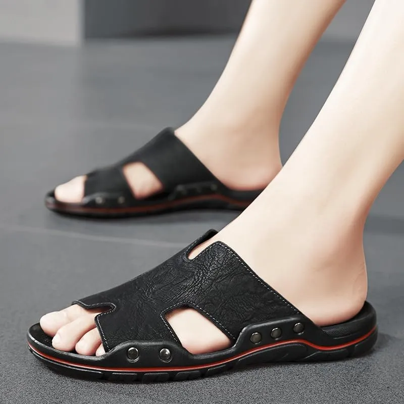 Large-sized men's cowhide slippers with soft soles and exposed toes, breathable, casual and fashionable sandals