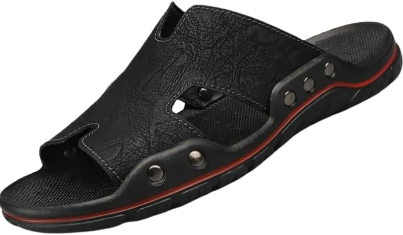 Large-sized men's cowhide slippers with soft soles and exposed toes, breathable, casual and fashionable sandals