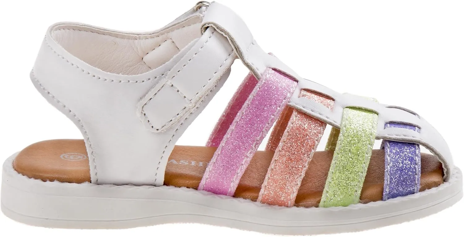 Laura Ashley Princess Girl Rainbow Sandals Summer Glitter Strap Closed Toe Sandals Flats for Girls Size 6-10 Toddler 11-12 Little Kid