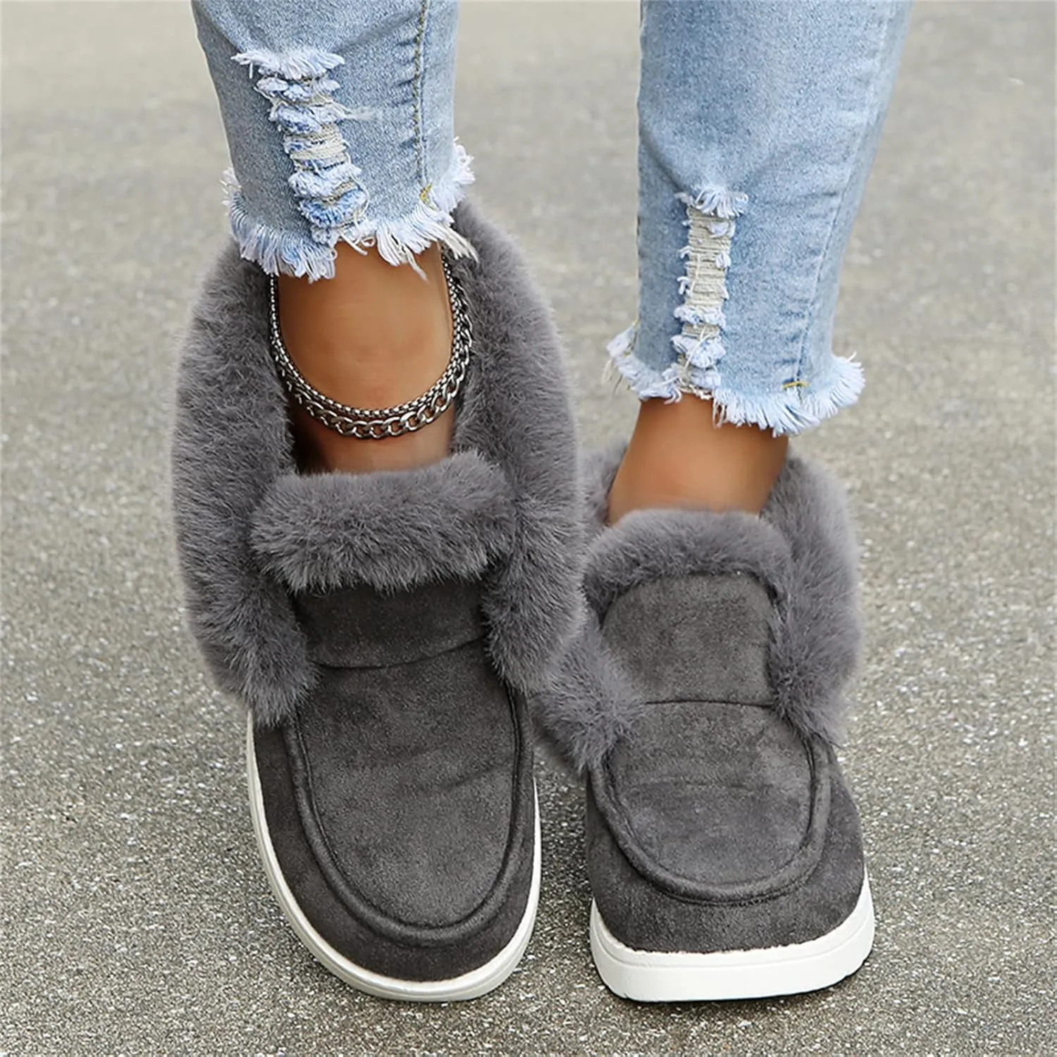 Lausiuoe Boots For Women Ankle Booties Winter Slip On Comfortable Snow Fuzzy Boots Fashion Casual Walking Shoes Loafers