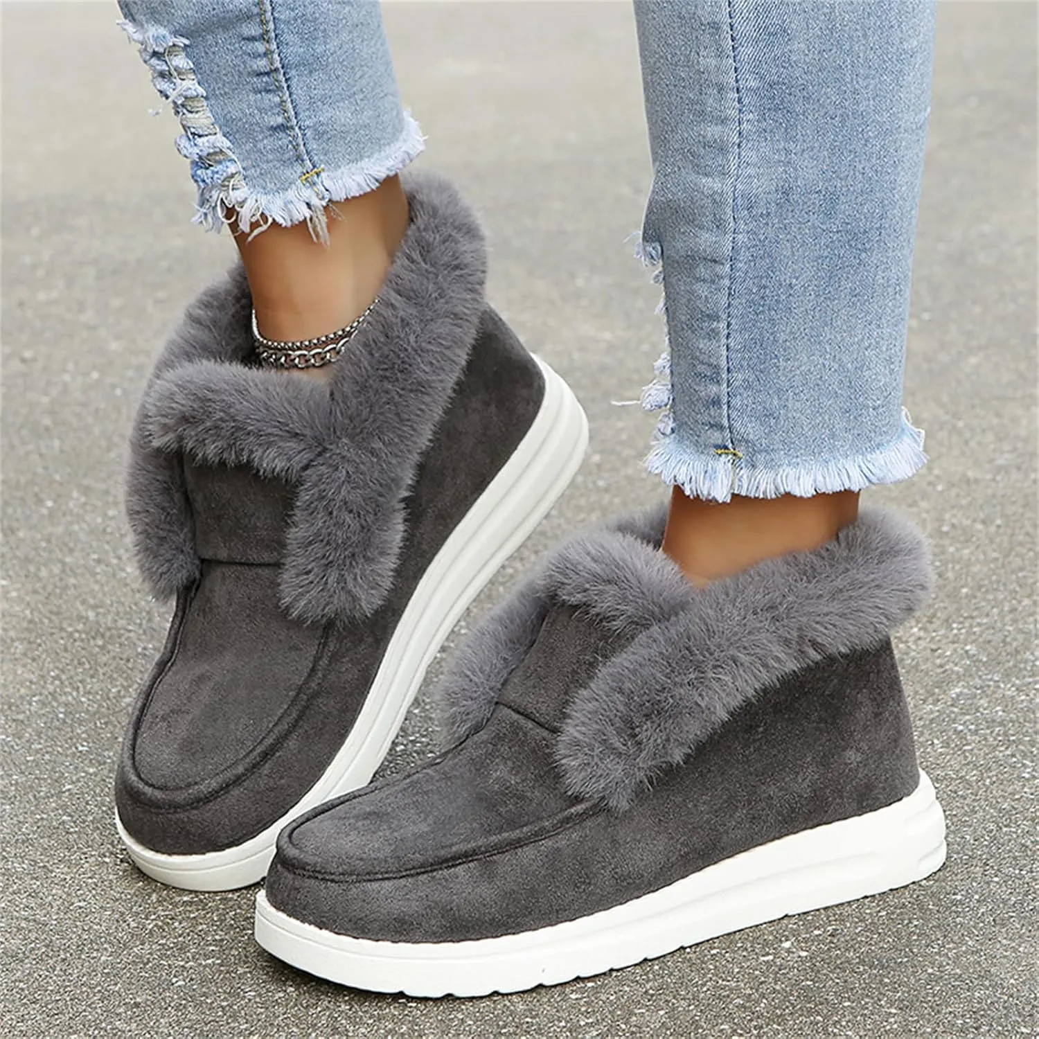 Lausiuoe Boots For Women Ankle Booties Winter Slip On Comfortable Snow Fuzzy Boots Fashion Casual Walking Shoes Loafers