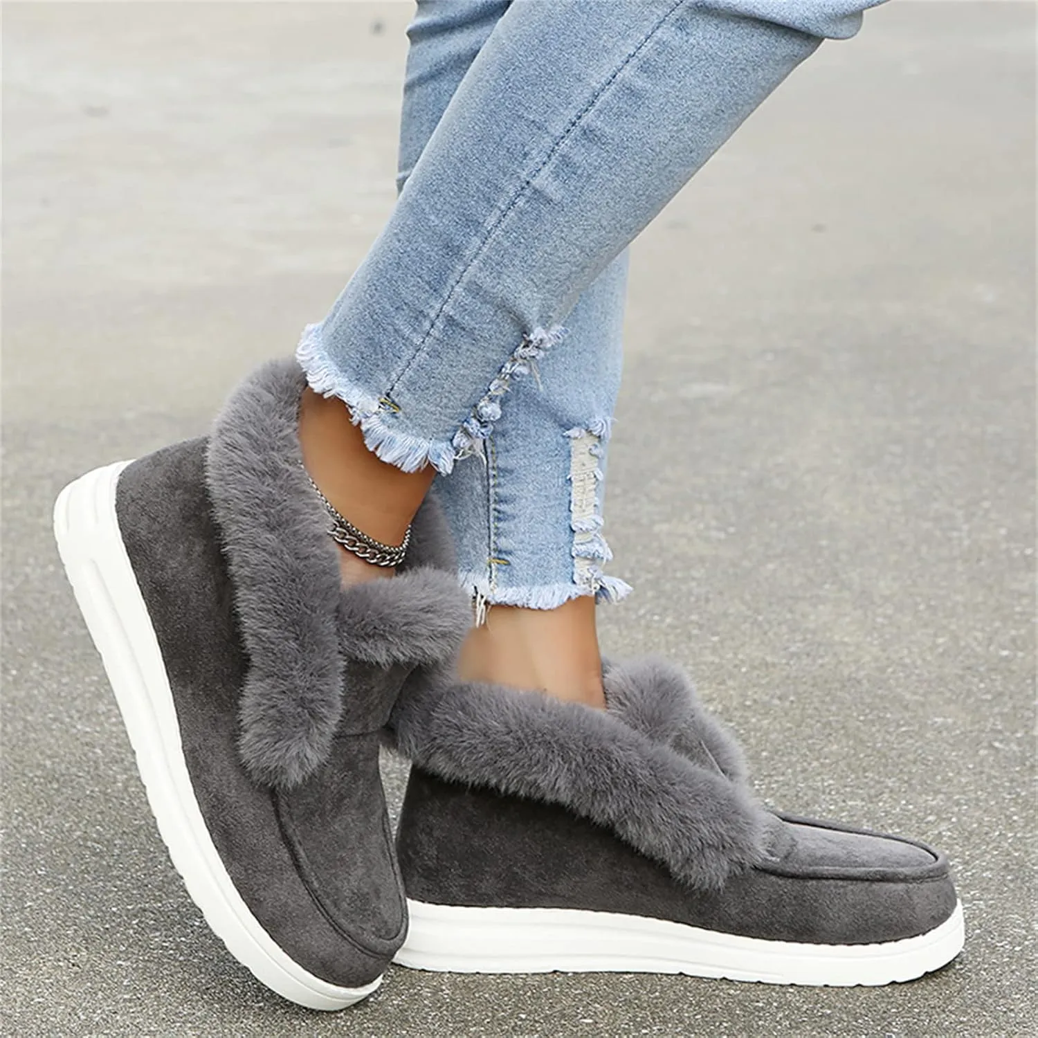 Lausiuoe Boots For Women Ankle Booties Winter Slip On Comfortable Snow Fuzzy Boots Fashion Casual Walking Shoes Loafers