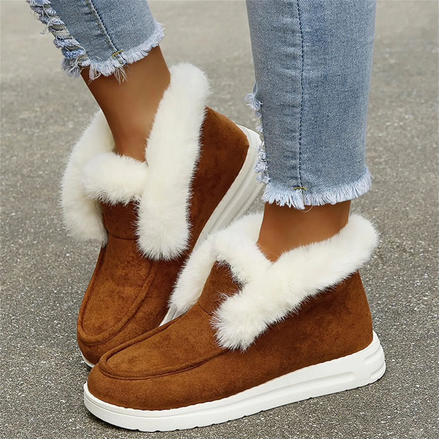 Lausiuoe Boots For Women Ankle Booties Winter Slip On Comfortable Snow Fuzzy Boots Fashion Casual Walking Shoes Loafers