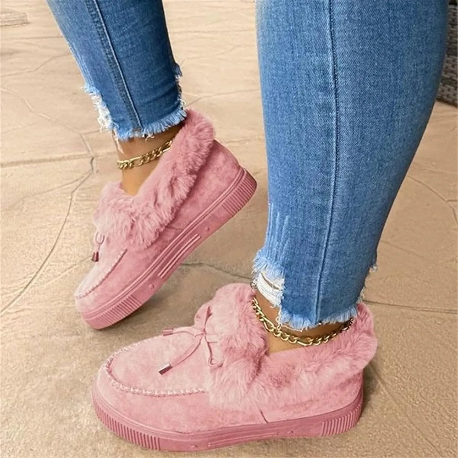 Lausiuoe Winter Boots For Women 2022 With Fur Ankle Booties Slip On Comfortable Casual Snow Fuzzy Walking Shoes Loafers