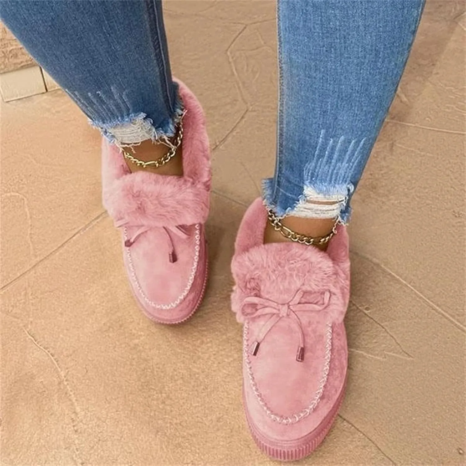 Lausiuoe Winter Boots For Women 2022 With Fur Ankle Booties Slip On Comfortable Casual Snow Fuzzy Walking Shoes Loafers