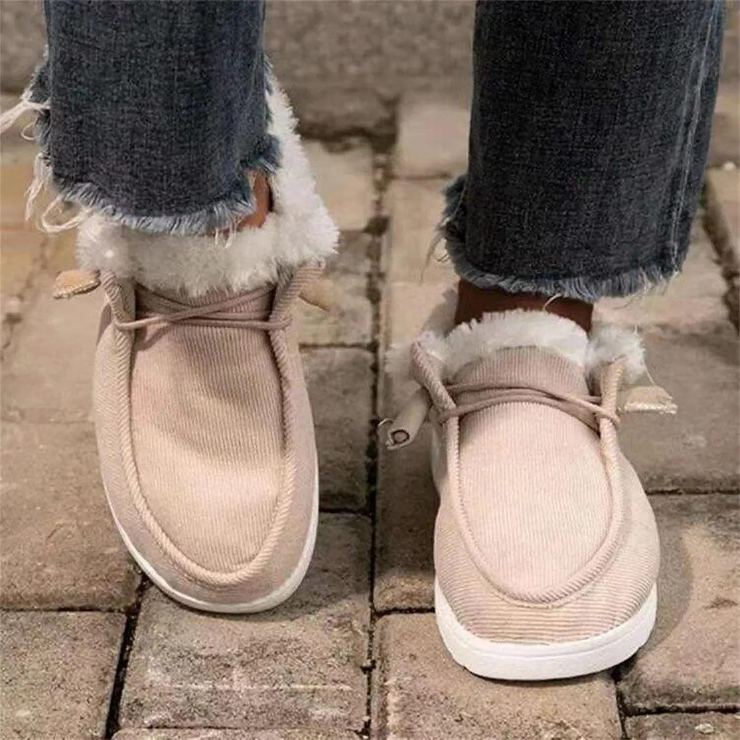 Lausiuoe Womens Winter Boots With Fur Lined Warm Snow Fuzzy Ankle Booties Flat Cute Silp On Comfortable Casual Loafers