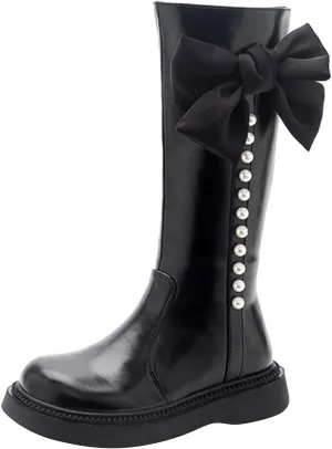 Leather 𝐖aterproof Long Boots With Bows For Kids Girls Baby Toddler Zipper Outdoor Slip On Cozy Booties Funny Cute Shoes