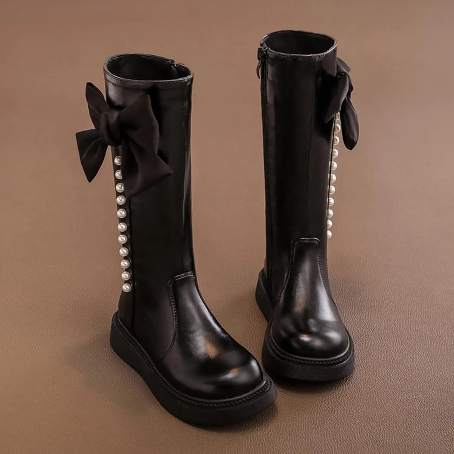 Leather 𝐖aterproof Long Boots With Bows For Kids Girls Baby Toddler Zipper Outdoor Slip On Cozy Booties Funny Cute Shoes