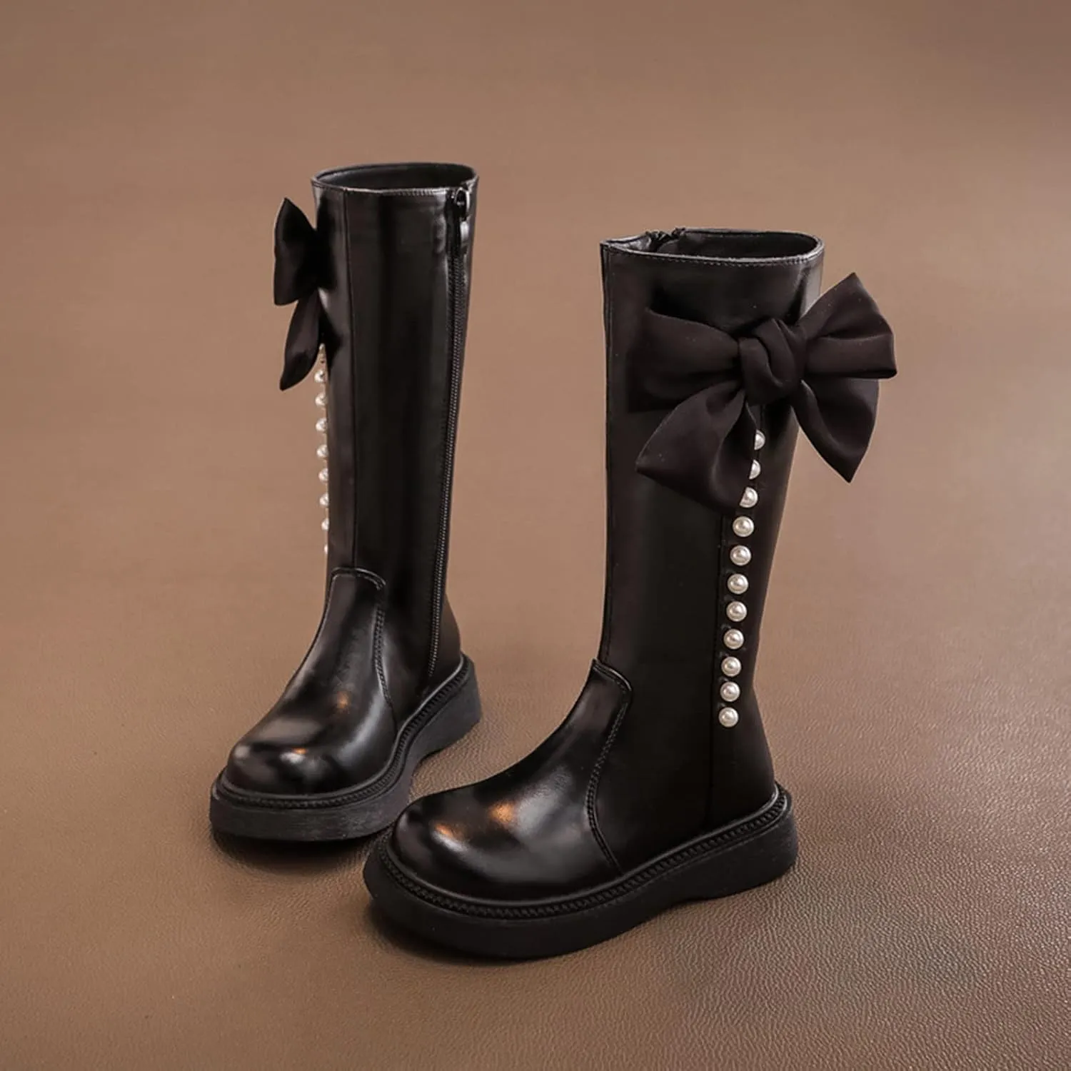 Leather 𝐖aterproof Long Boots With Bows For Kids Girls Baby Toddler Zipper Outdoor Slip On Cozy Booties Funny Cute Shoes