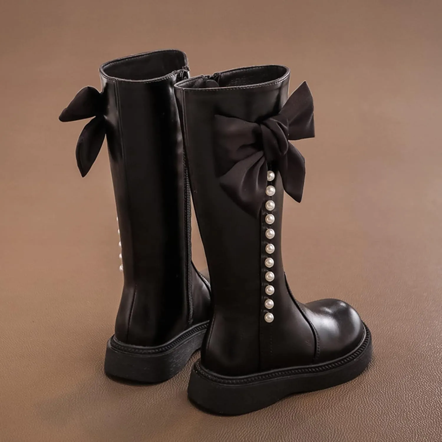 Leather 𝐖aterproof Long Boots With Bows For Kids Girls Baby Toddler Zipper Outdoor Slip On Cozy Booties Funny Cute Shoes