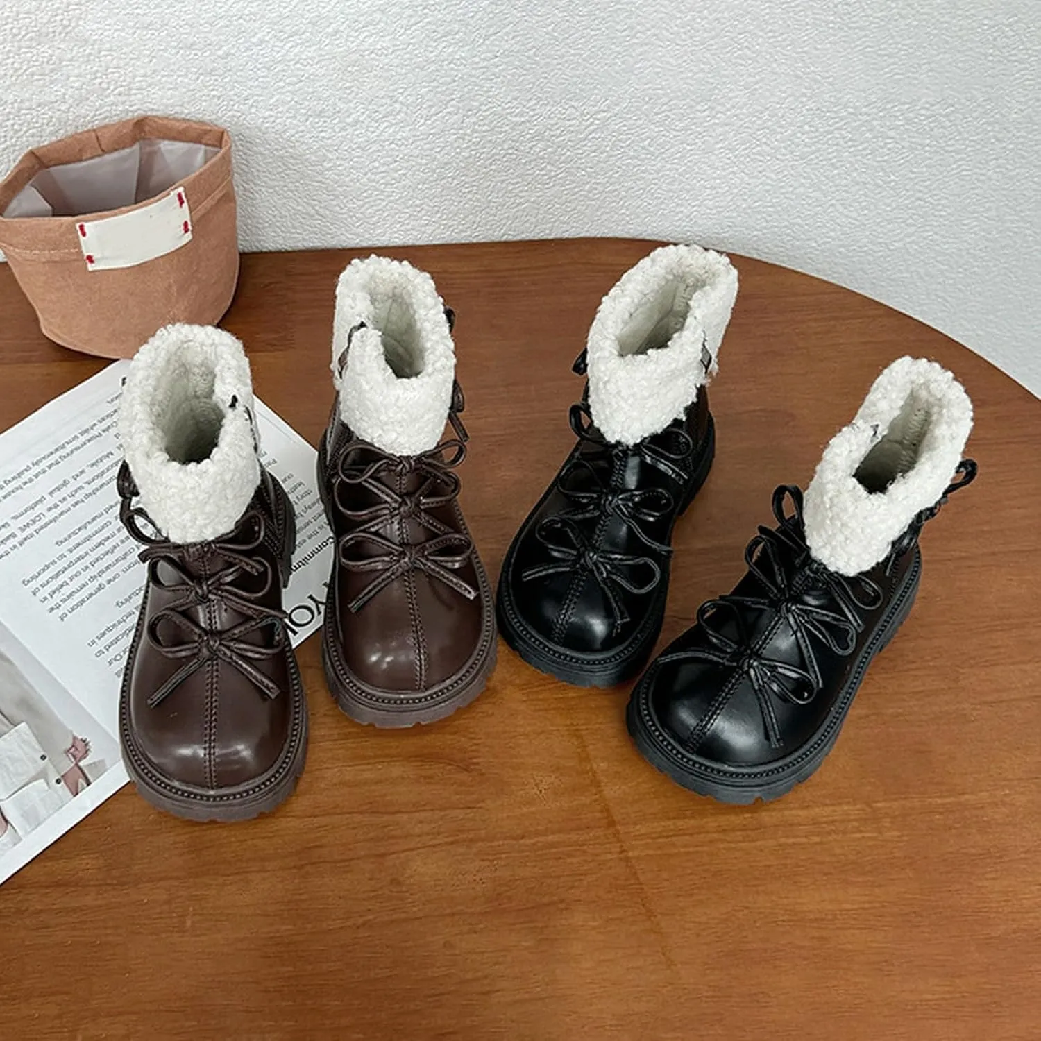 Leather Chunky Soft Sole Snow Boots For Girls Kids Side Zipper Fuzzy Bow 𝐖aterproof Booties Shoes Toddler Winter Warm