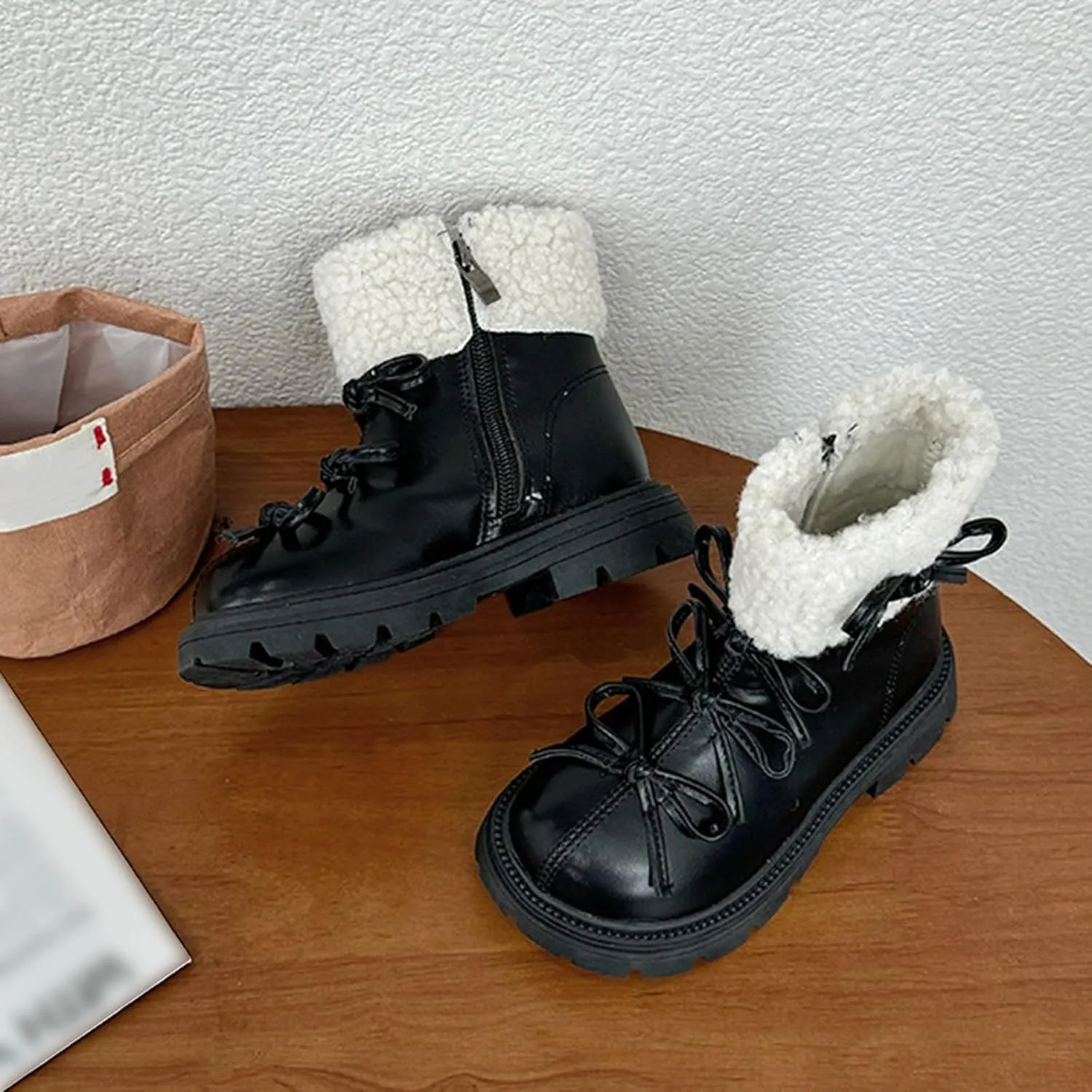Leather Chunky Soft Sole Snow Boots For Girls Kids Side Zipper Fuzzy Bow 𝐖aterproof Booties Shoes Toddler Winter Warm