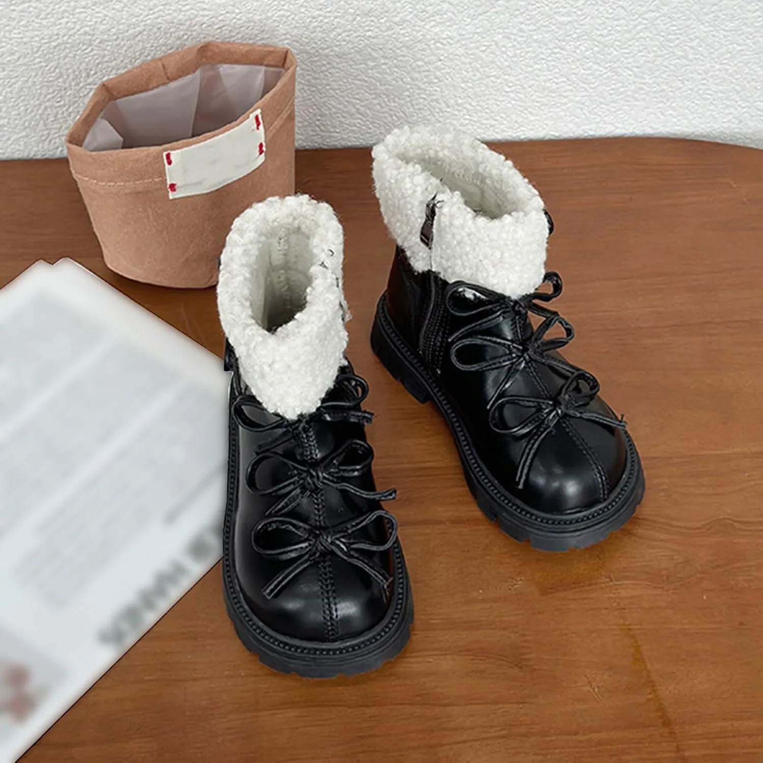 Leather Chunky Soft Sole Snow Boots For Girls Kids Side Zipper Fuzzy Bow 𝐖aterproof Booties Shoes Toddler Winter Warm