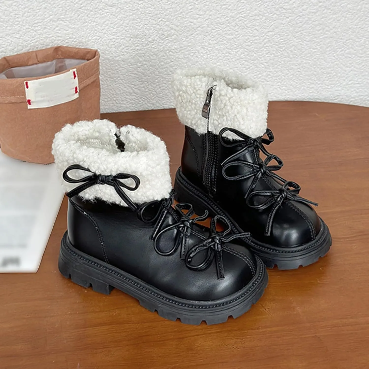Leather Chunky Soft Sole Snow Boots For Girls Kids Side Zipper Fuzzy Bow 𝐖aterproof Booties Shoes Toddler Winter Warm