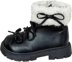 Leather Chunky Soft Sole Snow Boots For Girls Kids Side Zipper Fuzzy Bow 𝐖aterproof Booties Shoes Toddler Winter Warm