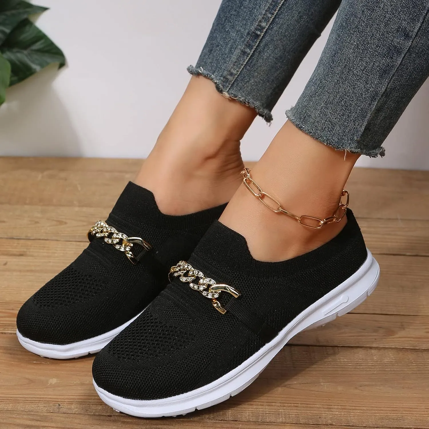 Leisure Women's Slip On Chain Travel Soft Sole Comfortable Shoes Outdoor Mesh Runing Women Casual Dress Shoes Heels (Black, 6.5)