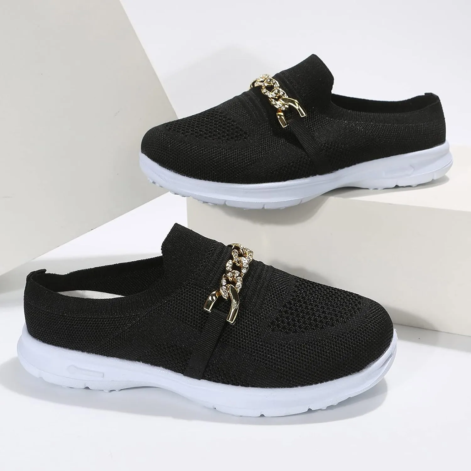Leisure Women's Slip On Chain Travel Soft Sole Comfortable Shoes Outdoor Mesh Runing Women Casual Dress Shoes Heels (Black, 6.5)
