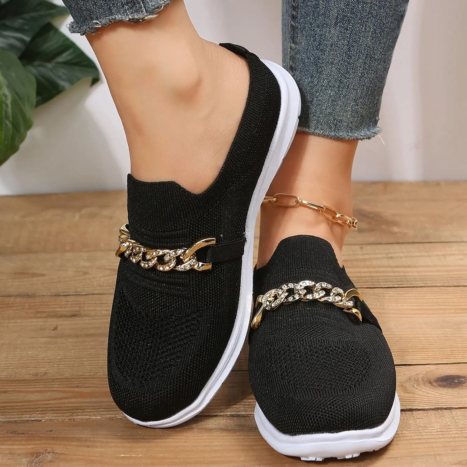 Leisure Women's Slip On Chain Travel Soft Sole Comfortable Shoes Outdoor Mesh Runing Women Casual Dress Shoes Heels (Black, 6.5)