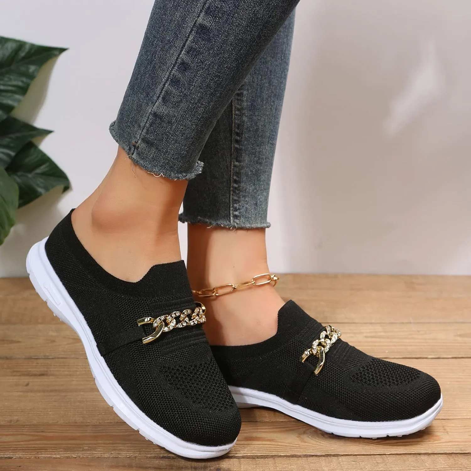 Leisure Women's Slip On Chain Travel Soft Sole Comfortable Shoes Outdoor Mesh Runing Women Casual Dress Shoes Heels (Black, 6.5)
